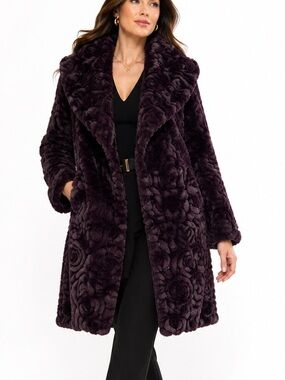 Adrienne Landau 1X Purple Rose Textured Faux Fur Long Coat